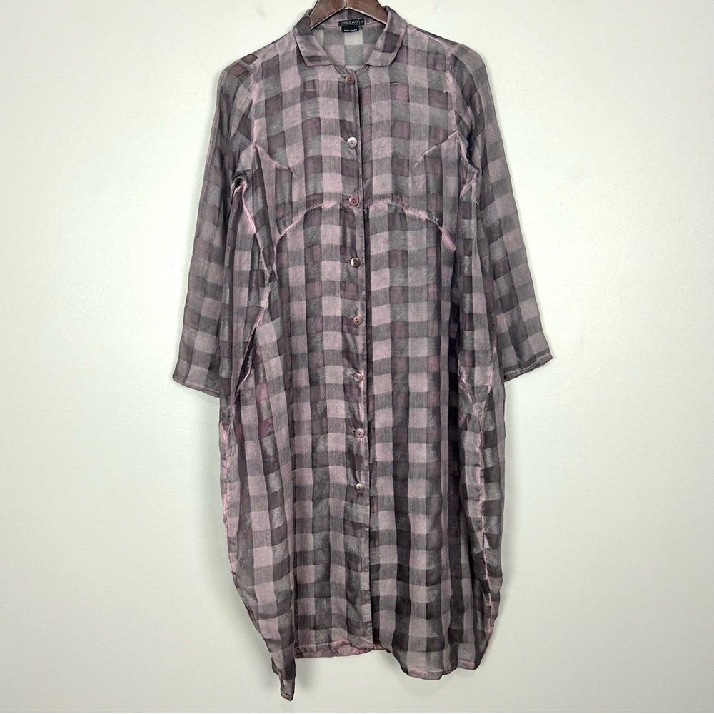 Grizas 100% Silk Tunic Top Women’s Size S Button Front Plaid Sheer Pockets Layer